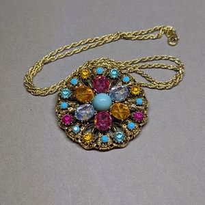 Large Pendant Necklace Gold Tone Multicolored Stones Orange Blue Pink Unique